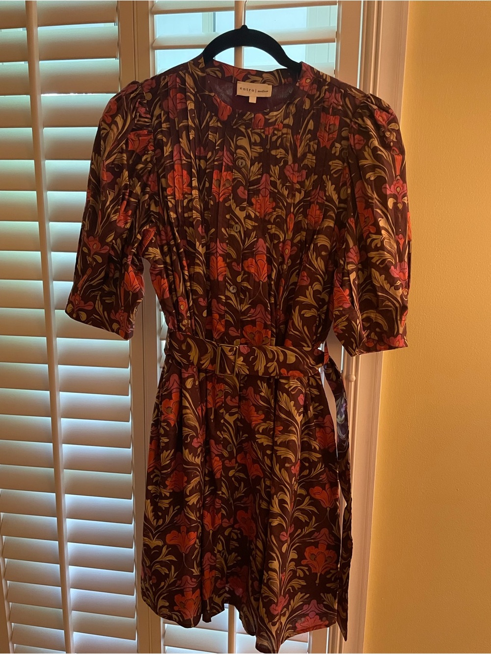 entro Brown Floral Mini Dress with Coral & Green Accents